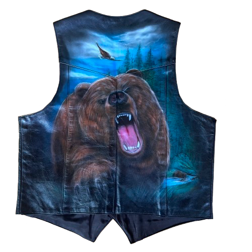 Vintage Black Leather Vest with Bear Graphic